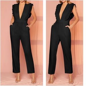 Luxe Black Plunging Neck Ruffle Cap Sleeve Jumpsuit